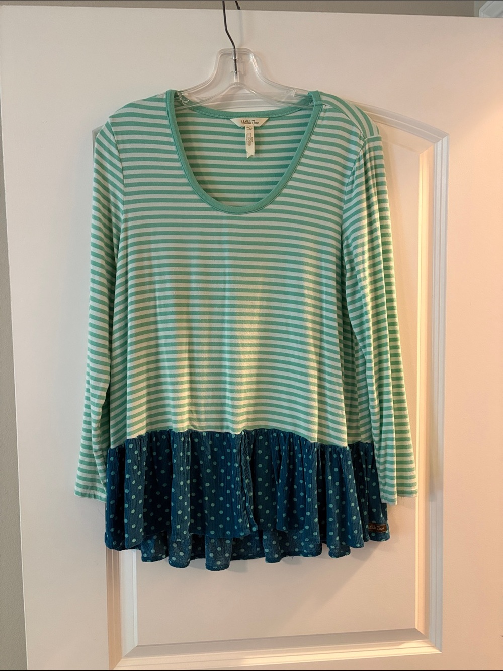 Women’s Mint Striped Long Sleeve Top with Navy Polka Dot Ruffle